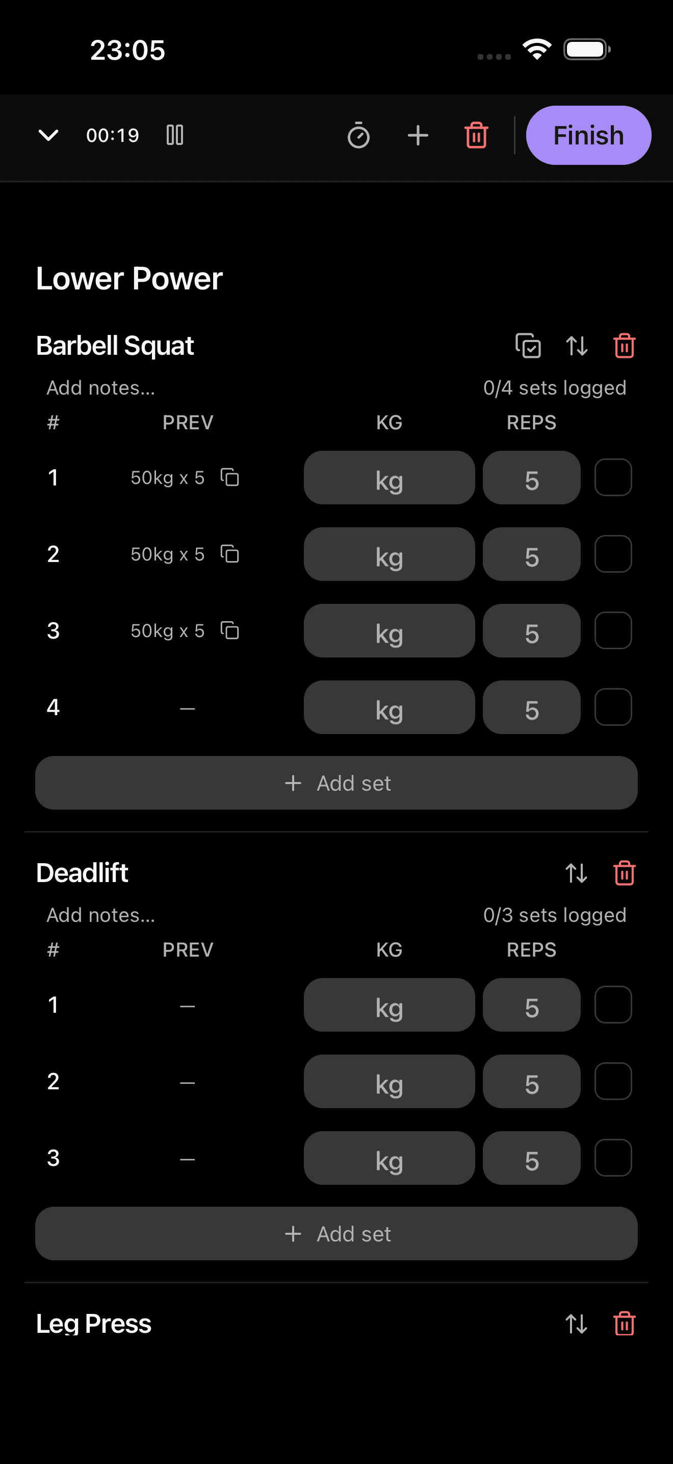The live Exert workout logger, showing previous sets and editable weight and reps